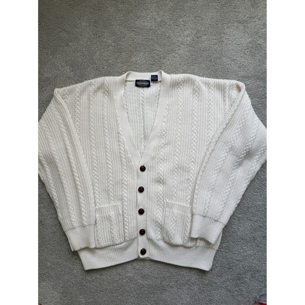 Vintage Towncraft Cable Knit Cardigan Sweater Cream Off White V-Neck Large